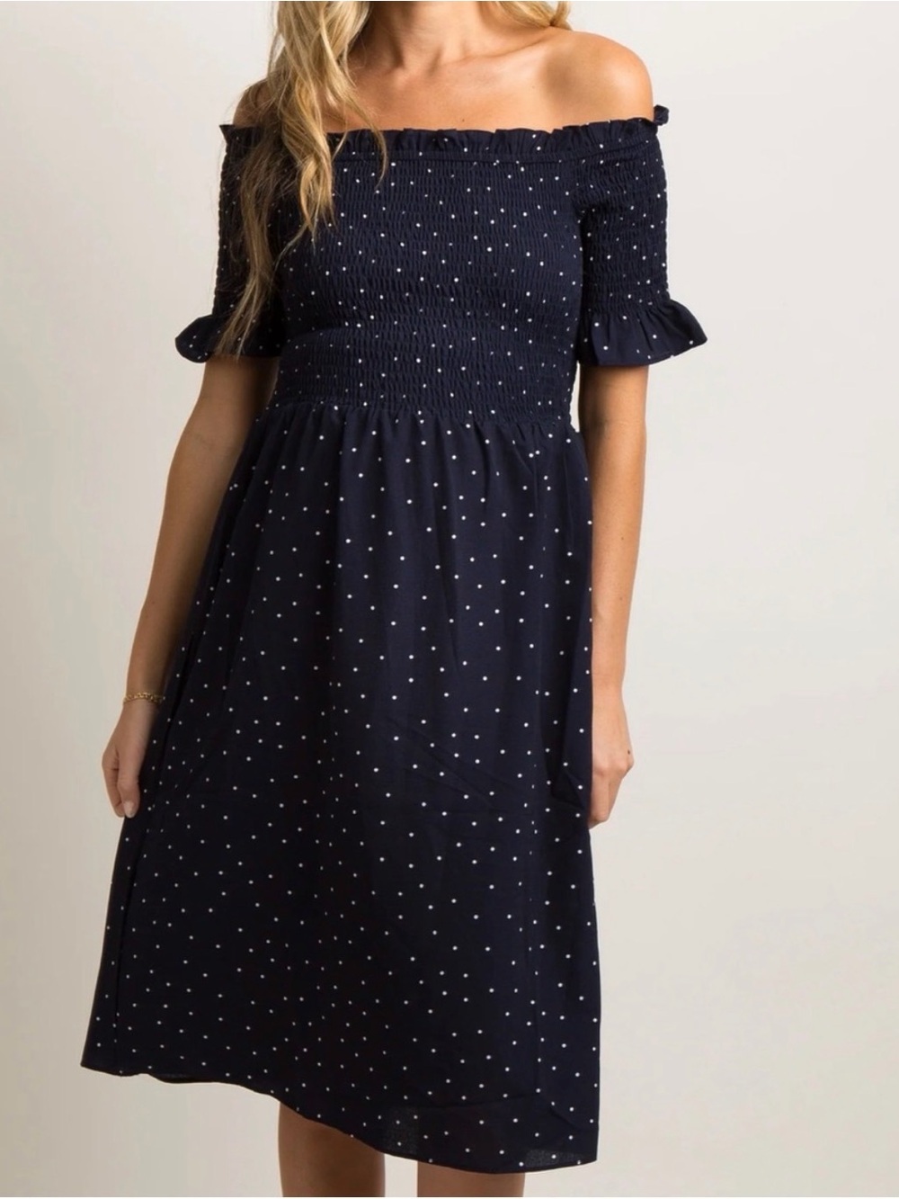Pinkblush polka dot off the shoulder maternity dress